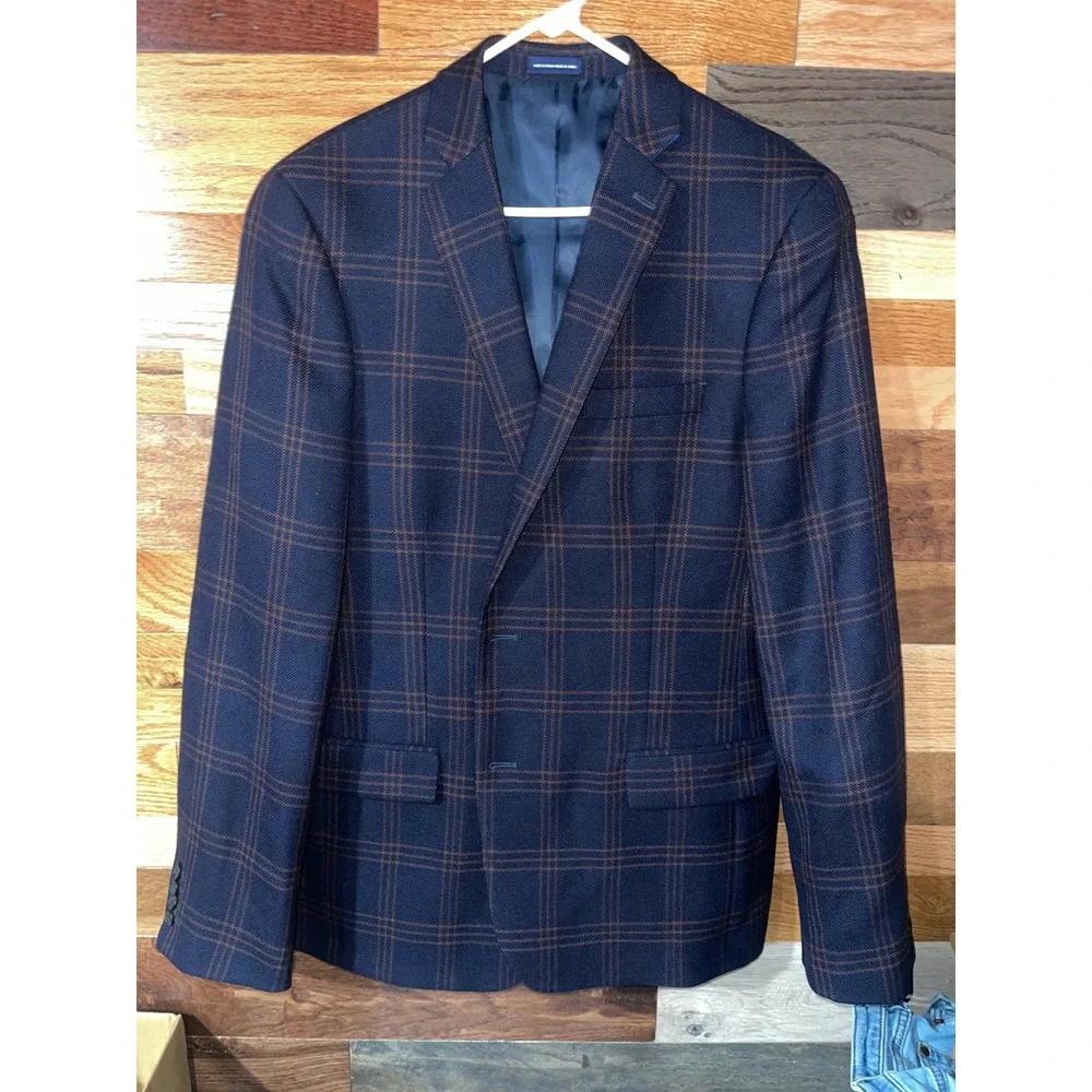 Stafford Navy Blue Plaid Sport Coat Slim Fit 100% Wool Blazer 44L